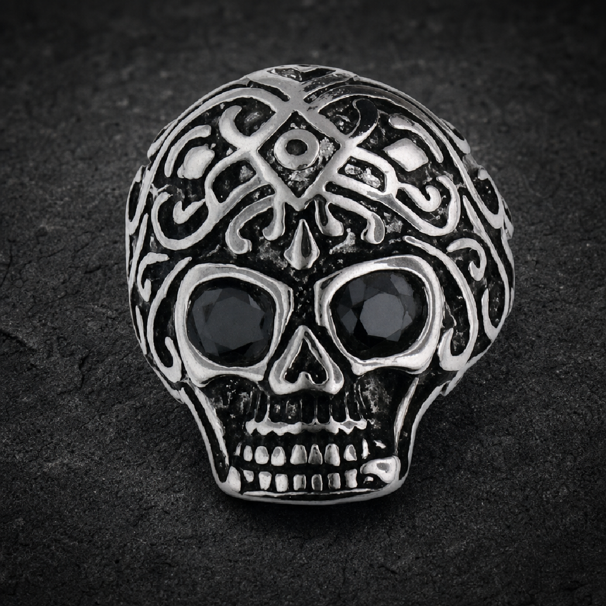 Stainless Steel Skull Ring With Black Stones In Both Eyes - Very Detailed and Ornate - 316L stainless steel unisex jewelry…