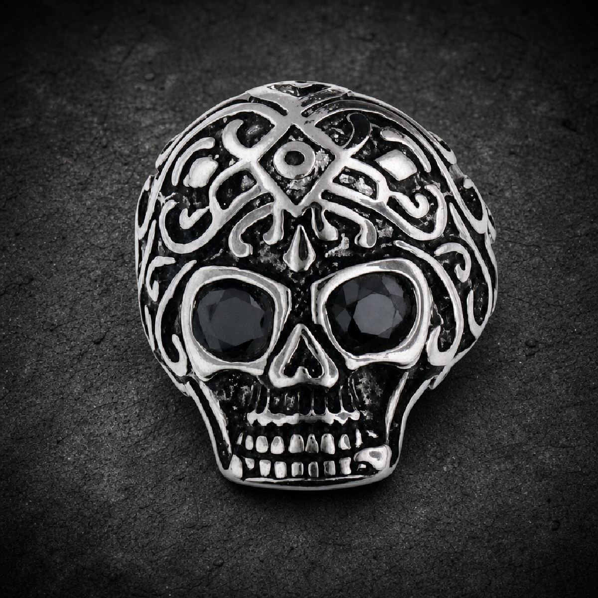 Stainless Steel Skull Ring With Black Stones In Both Eyes - Very Detailed and Ornate - 316L stainless steel unisex jewelry…