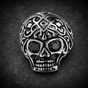 Stainless Steel Skull Ring With Black Stones In Both Eyes - Very Detailed and Ornate (#R0399)