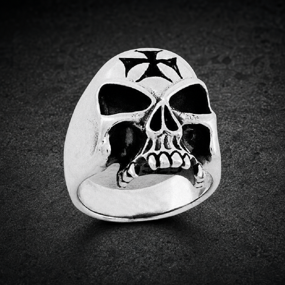 Stainless Steel Skull Ring With Iron Cross on Forehead - 316L stainless steel unisex jewelry (R0348)
