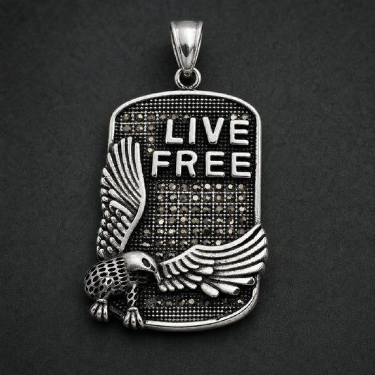 316L stainless steel Live Free dog tag pendant featuring a diving raptor and studded textured background in polished and antiqued silver finish