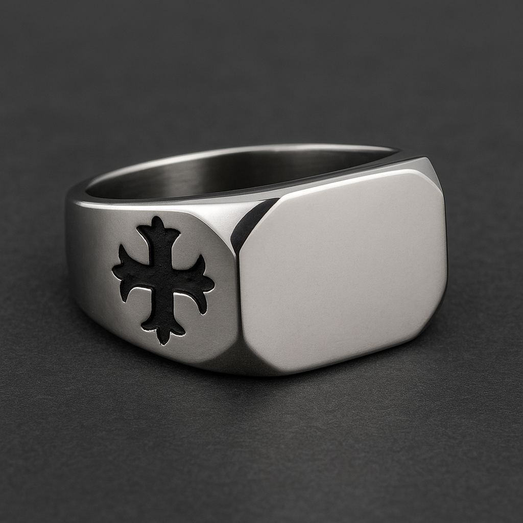 316L stainless steel ring with a black cross design on each side, polished finish.