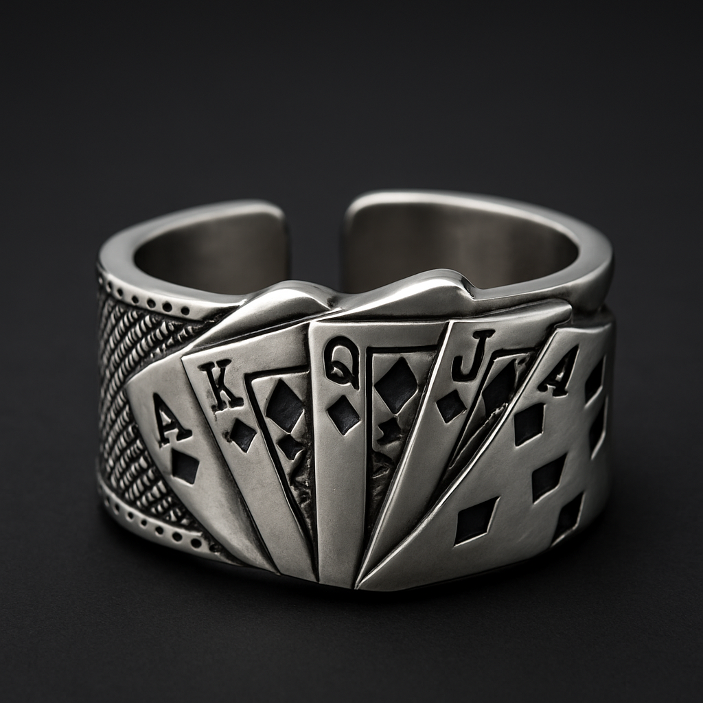 Ace's Edge Ring featuring royal flush symbols, crafted in durable 316L stainless steel.