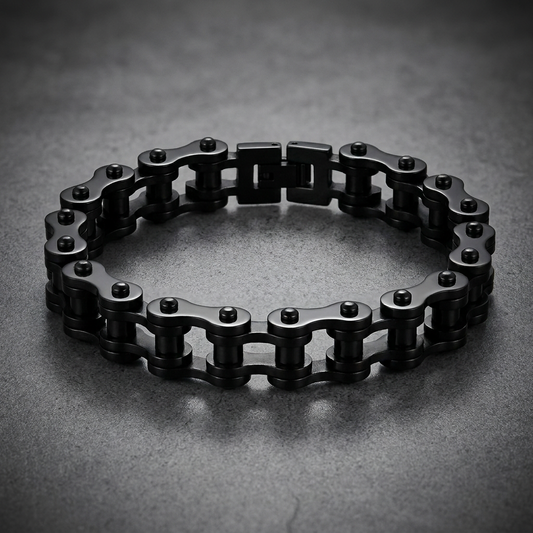 Black 316L surgical stainless steel motorcycle chain bracelet on a dark background