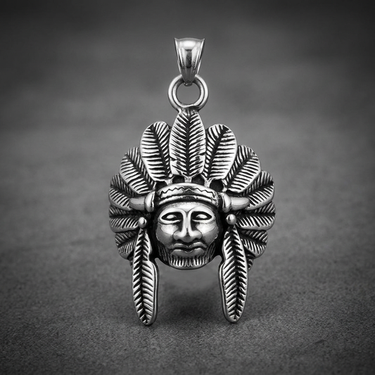 Stoic Chief 316L stainless steel pendant featuring a detailed head adorned with a full feathered headdress in silver finish.