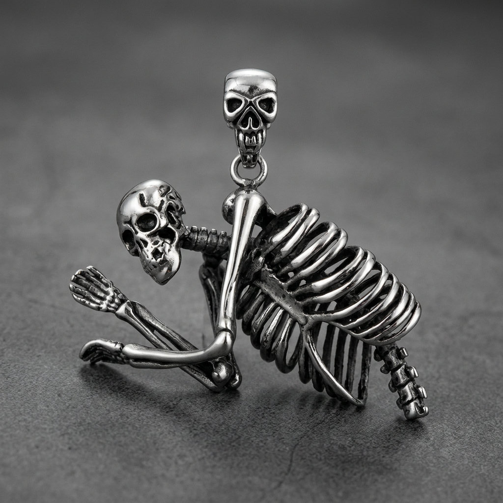 Stoic Skeleton Pendant 316L stainless steel, featuring a full skeletal figure with a grimacing skull and detailed ribcage, polished finish.