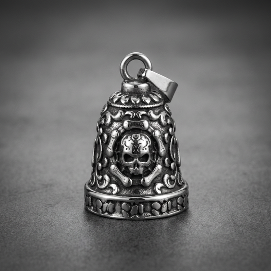Heavy 316L stainless steel biker bell featuring multiple detailed skulls and crossbones with an antiqued finish.