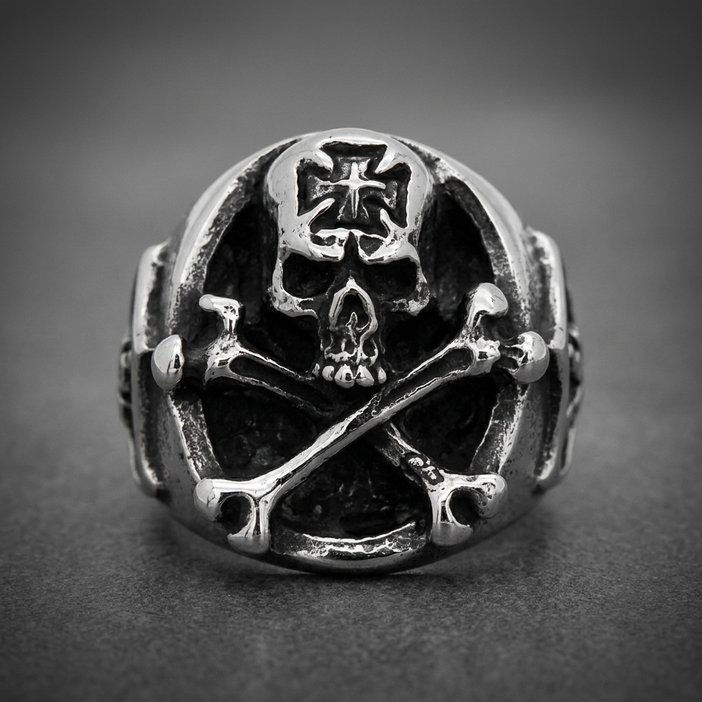 Bold Stoic Skull Crossbones Ring crafted from 316L surgical stainless steel, featuring a detailed skull and iron cross design with polished and oxidized finishes.