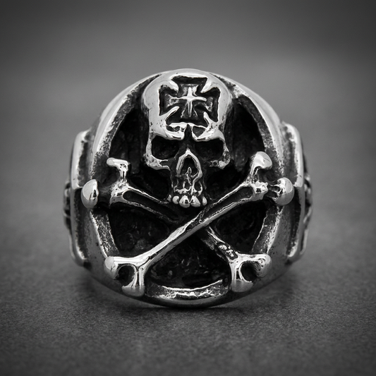 Bold Stoic Skull Crossbones Ring crafted from 316L surgical stainless steel, featuring a detailed skull and iron cross design with polished and oxidized finishes.