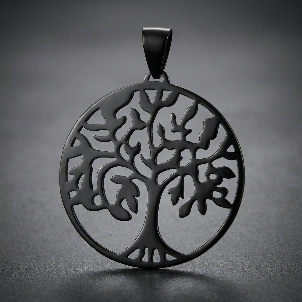 Blackened 316L stainless steel Tree of Life pendant with intricate branch and root detailing, dark metallic finish.