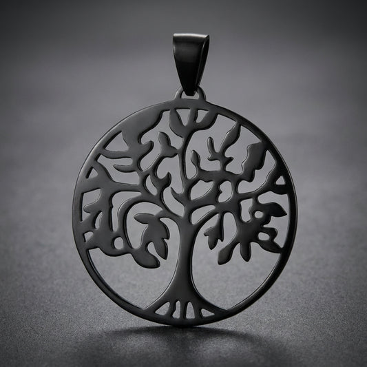 Blackened 316L stainless steel Tree of Life pendant with intricate branch and root detailing, dark metallic finish.