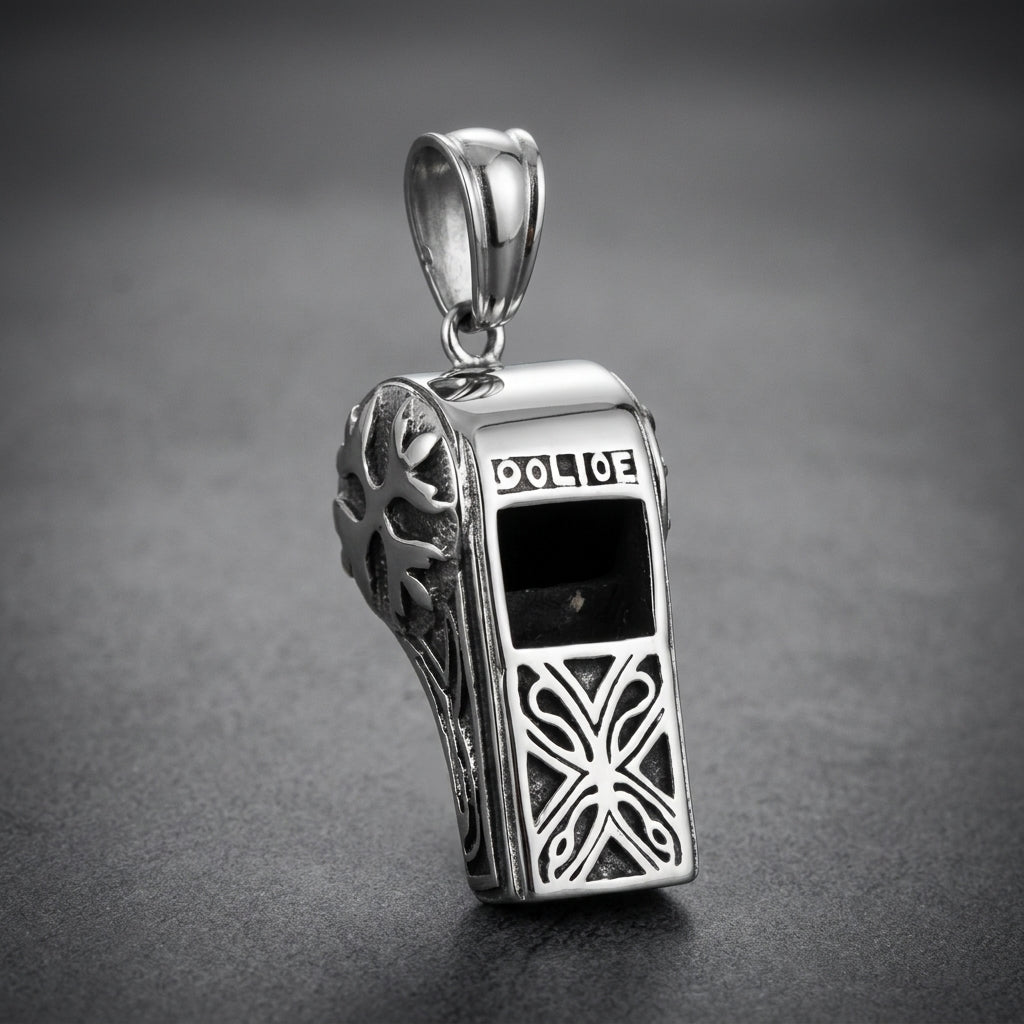 Heavy 316L stainless steel whistle pendant with 'POLICE' etched on top and intricate scrollwork on the side, high polish finish.