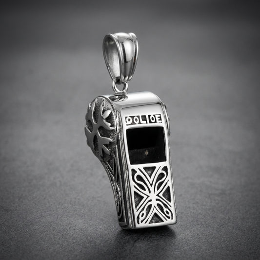 Heavy 316L stainless steel whistle pendant with 'POLICE' etched on top and intricate scrollwork on the side, high polish finish.