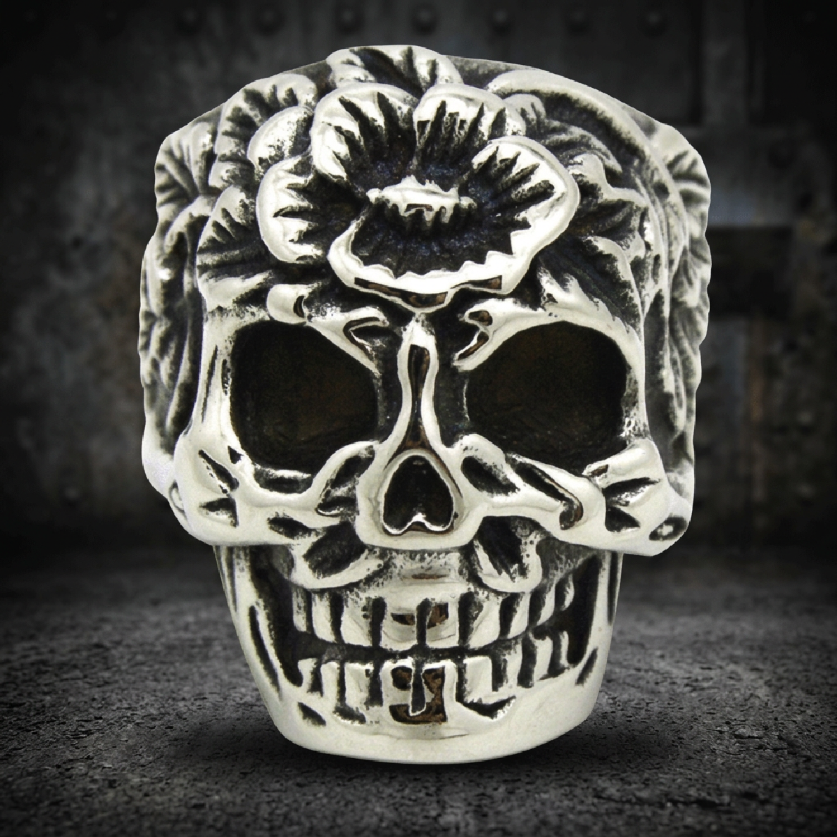 Sugar Skull - Ring with Flower on Forehead aka Día de Muertos anillo - 316L stainless steel unisex jewelry (R0777)