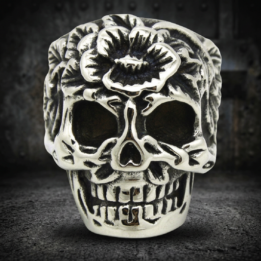 Sugar Skull - Ring with Flower on Forehead aka Día de Muertos anillo - 316L stainless steel unisex jewelry (R0777)