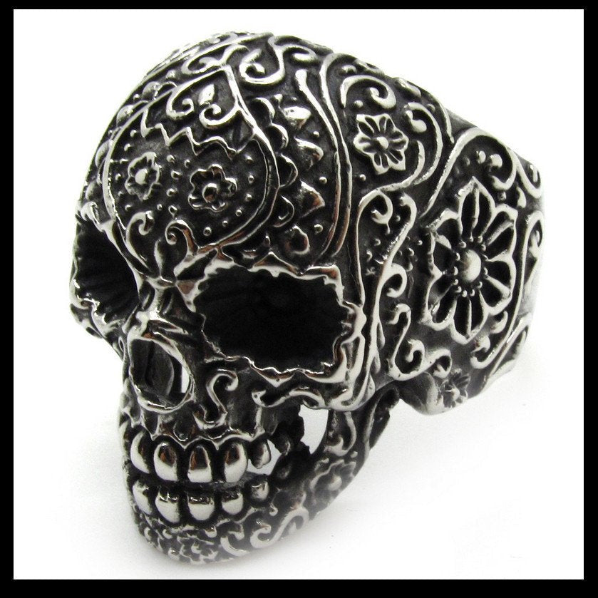 Vintage Black Eyes Flower Skull Ring Stainless Steel (#032)