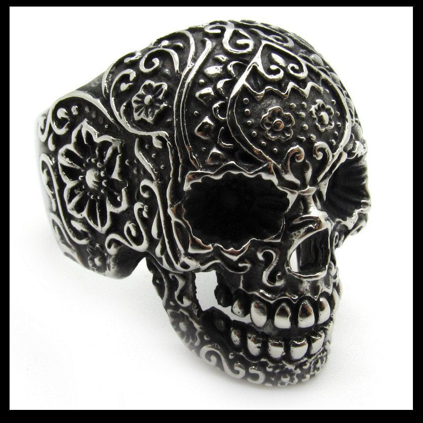 Vintage Black Eyes Flower Skull Ring Stainless Steel (#032)