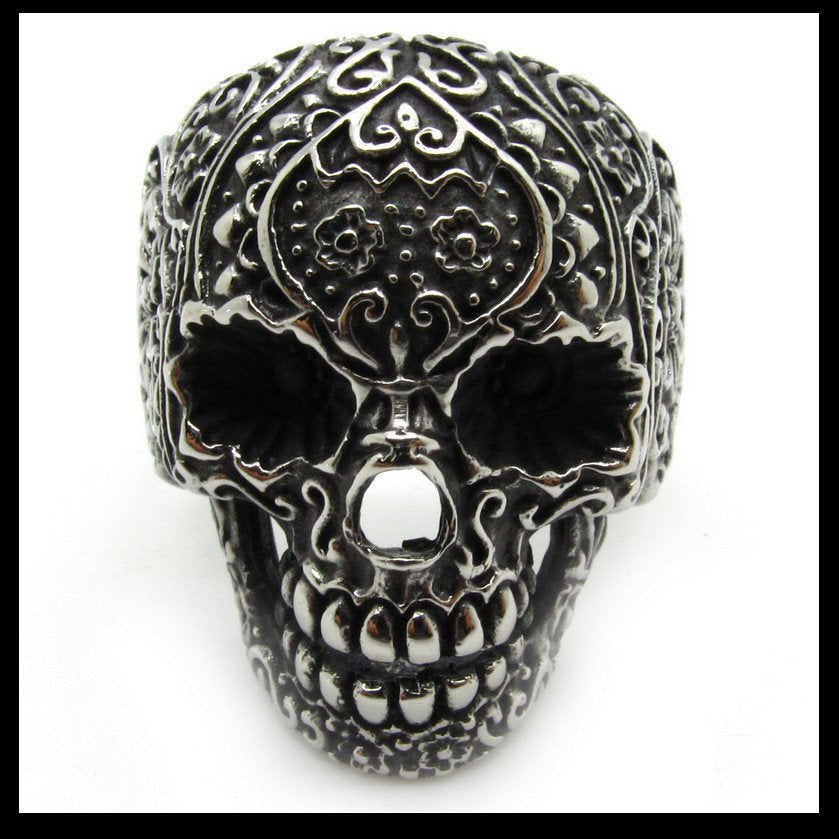 Vintage Black Eyes Flower Skull Ring Stainless Steel (#032)