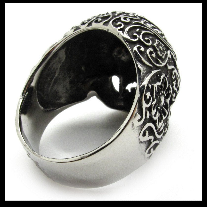 Vintage Black Eyes Flower Skull Ring Stainless Steel (#032)