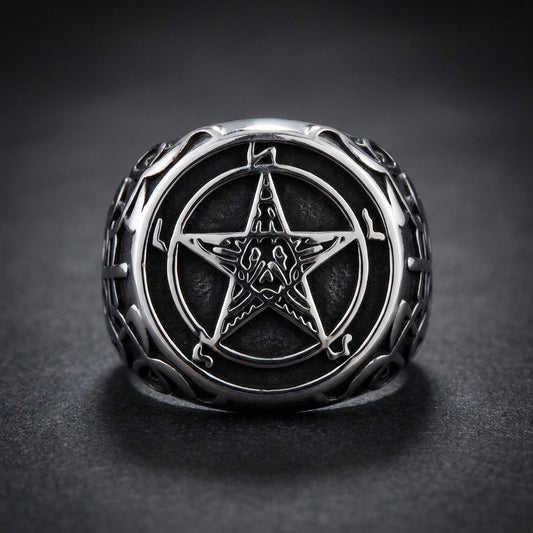 Summit Pentagram Ring, 316L stainless steel mens skull ring for bikers