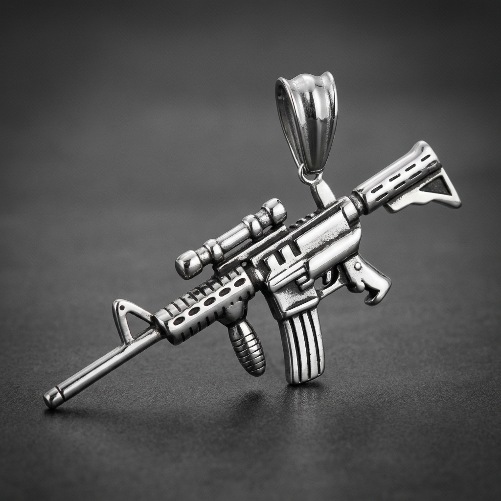 Detailed 316L stainless steel rifle pendant with scope, magazine, and textured grip in a bright silver finish