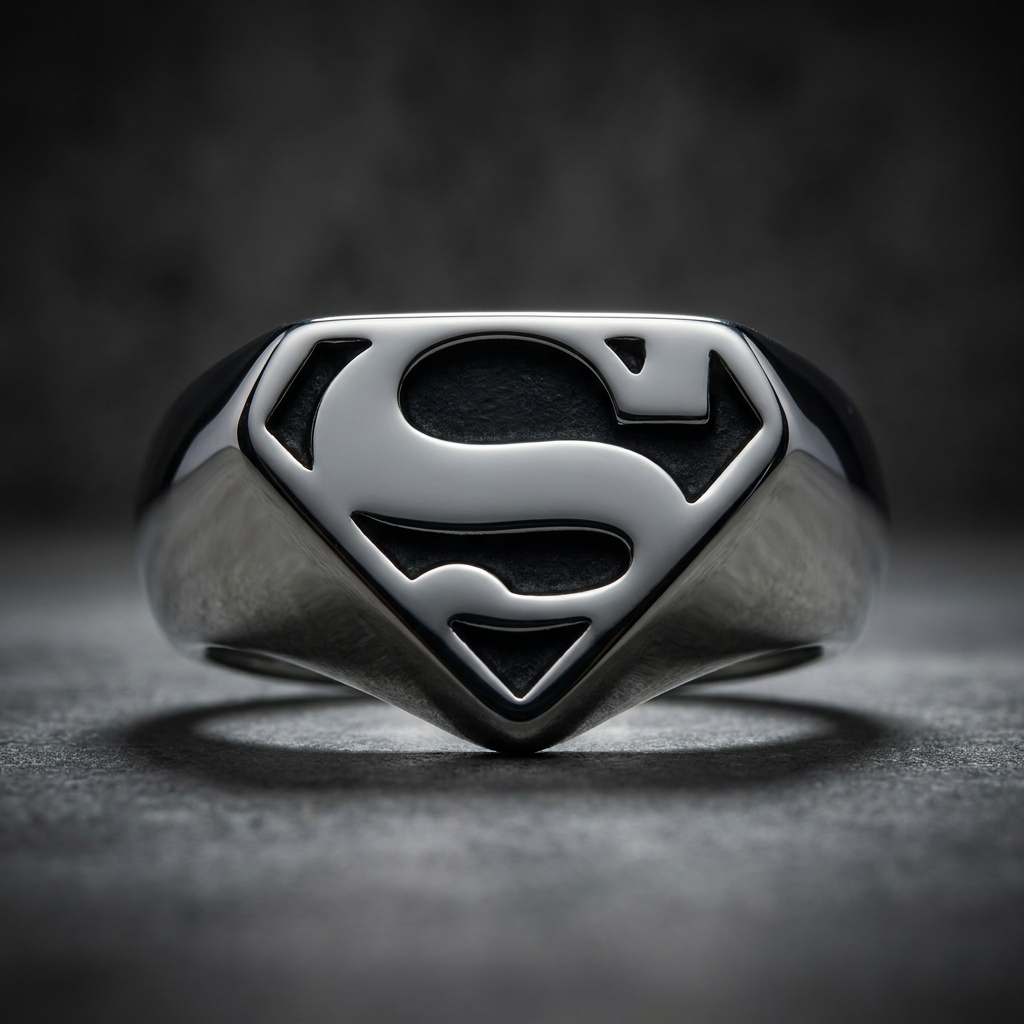 Superman Ring made of polished 316L stainless steel with the iconic red and yellow 'S' shield emblem prominently displayed.