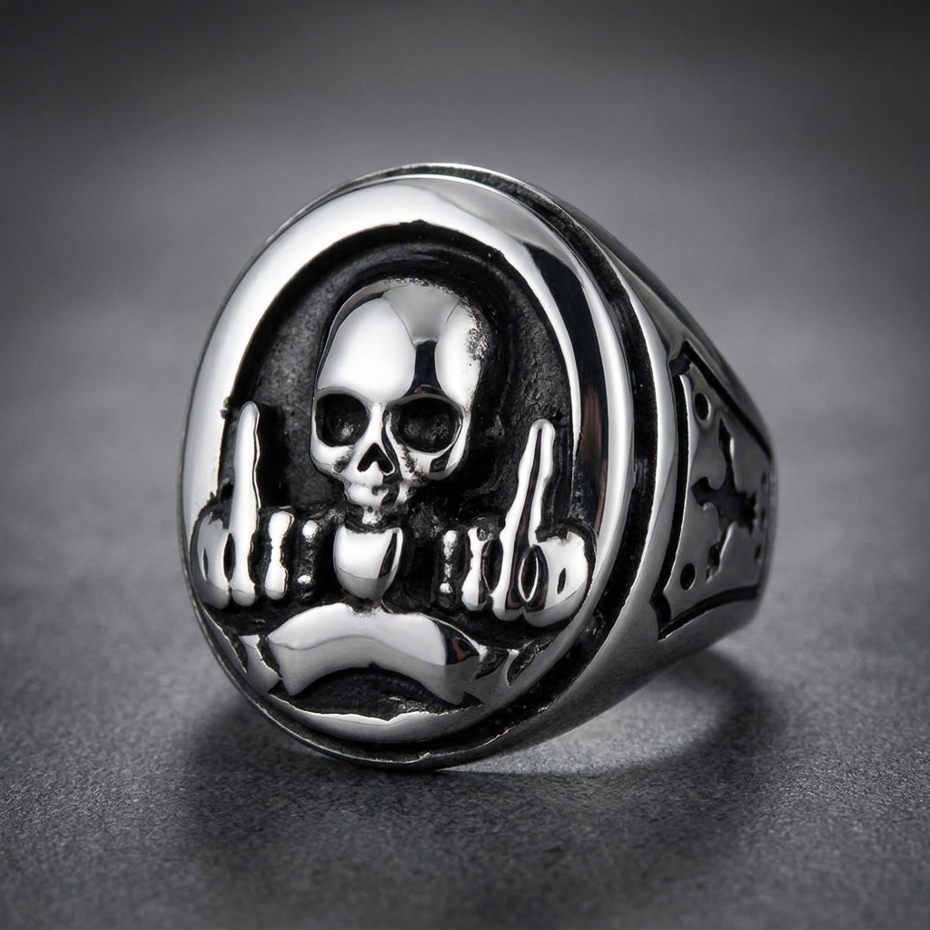Solid 316L stainless steel ring featuring a central skull flanked by two hands flipping the bird set in a dark, polished HardKnocker™ design.