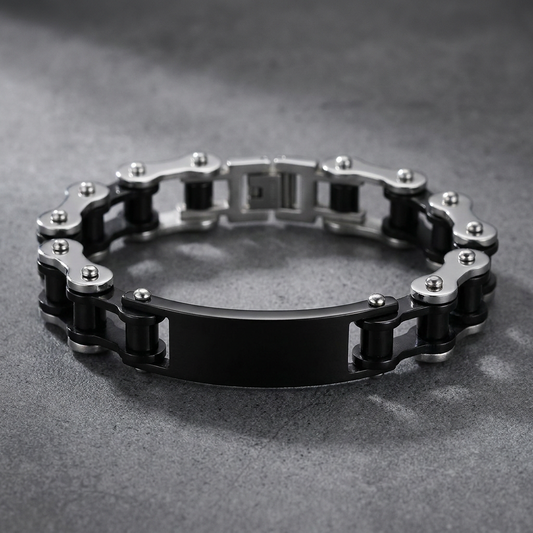 Heavy-duty 316L stainless steel chain link bracelet with black and silver links and a solid black nameplate. Industrial style unisex jewelry.