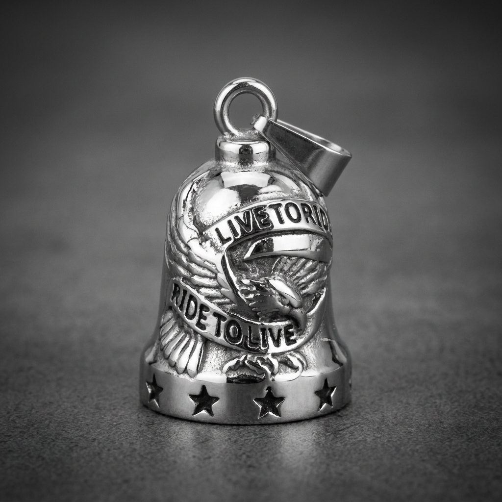 Live to Ride, Ride to Live Biker Bell in 316L stainless steel featuring a bold flying eagle motif and star detailing.