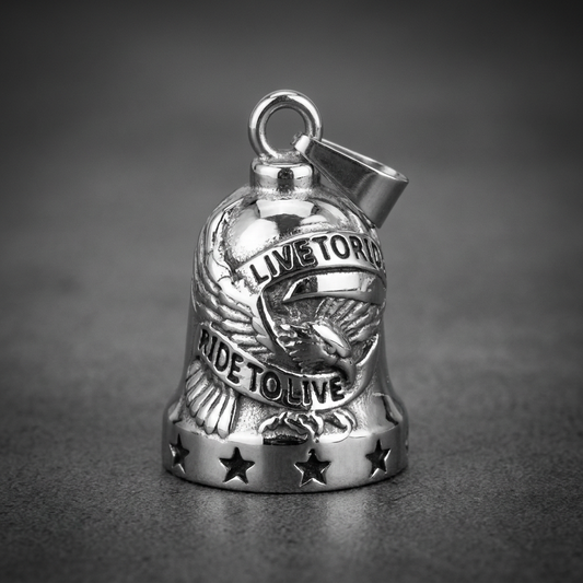 Live to Ride, Ride to Live Biker Bell in 316L stainless steel featuring a bold flying eagle motif and star detailing.