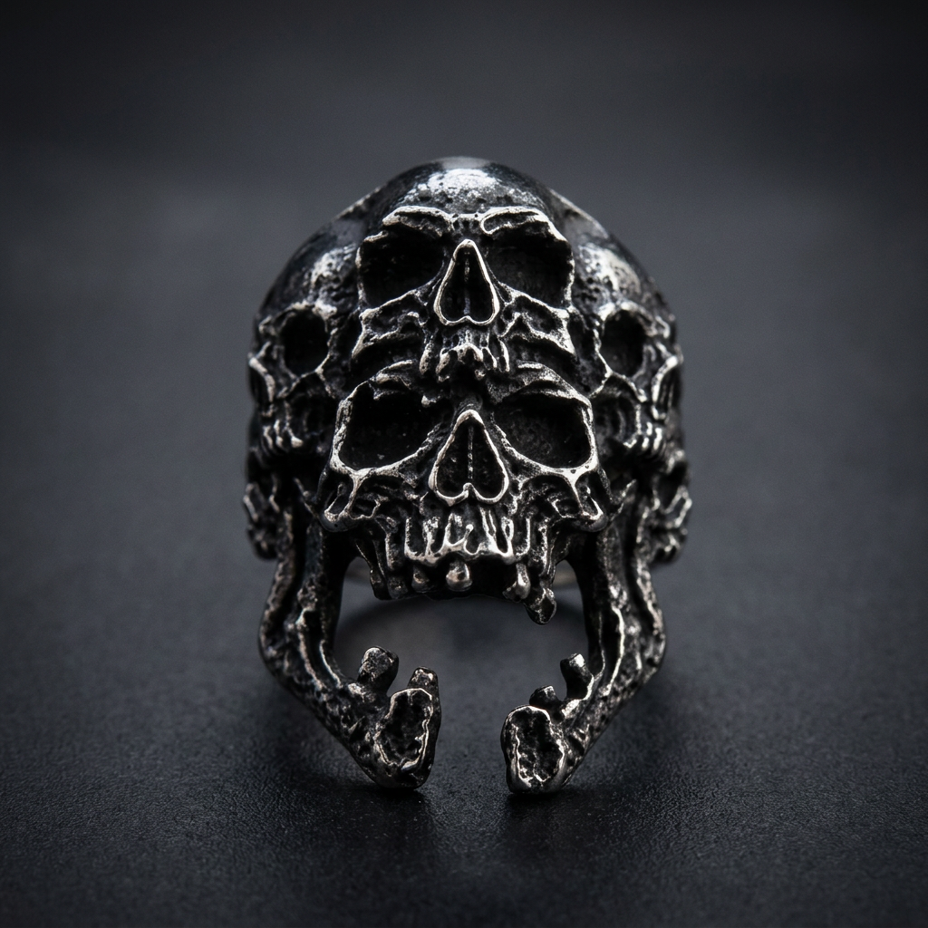 Front view of a heavy, dark 316L stainless steel ring featuring two stacked, open-mouthed skulls, intricately detailed with oxidized accents.