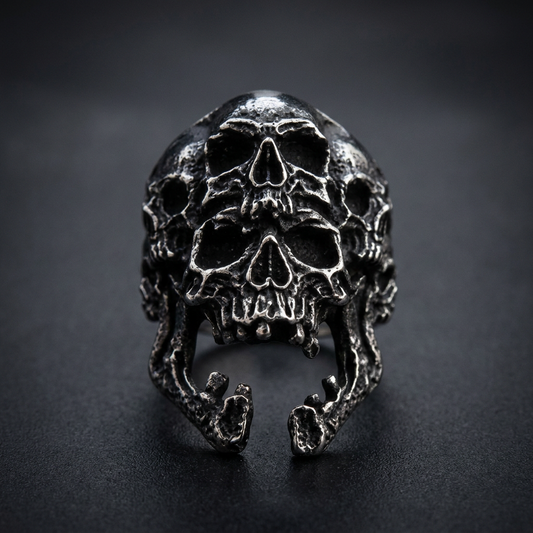 Front view of a heavy, dark 316L stainless steel ring featuring two stacked, open-mouthed skulls, intricately detailed with oxidized accents.