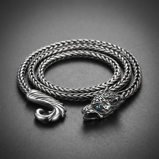 Tempered Wolf Chain 24 inch necklace in 316L stainless steel with a wolf head and blue gem eyes, braided chain, and ornate clasp.