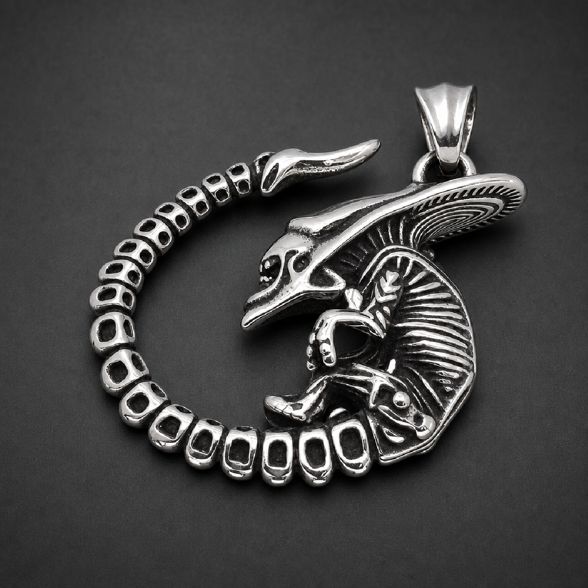 Heavy 316L surgical stainless steel Alien Deathcoil pendant, featuring a coiled xenomorph with a long ribbed body and skull-like head, in a bright, polished silver finish on a dark background.