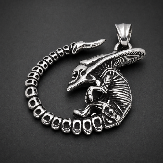 Heavy 316L surgical stainless steel Alien Deathcoil pendant, featuring a coiled xenomorph with a long ribbed body and skull-like head, in a bright, polished silver finish on a dark background.