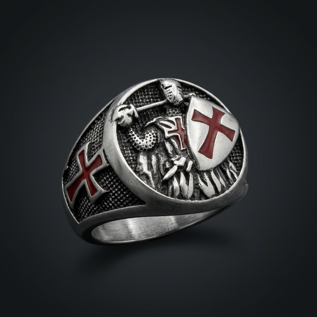 Silver ring with a Templar cross and red enamel, intricate gothic etching.