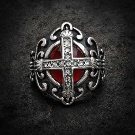 The End Time - Cross Ring With Blood Red Inner Stone & White OR RED Zircon Cross Stones - 316L stainless steel unisex jewe…