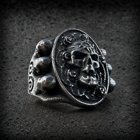 The Wraith King Signet Ring – Heavy Stainless Steel Skull Crest - 316L stainless steel unisex jewelry (R0837)