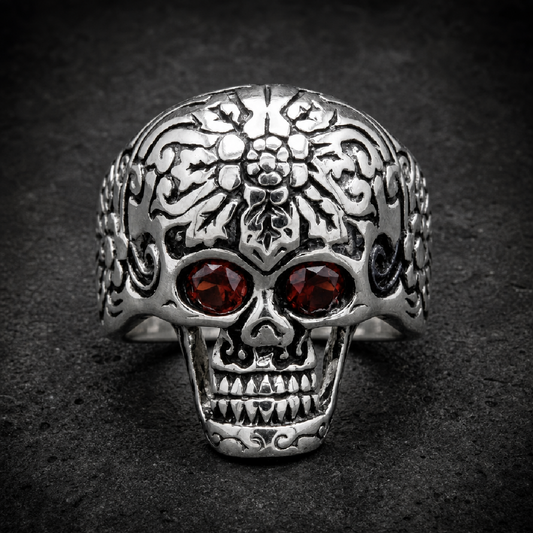 These Eyes Big, Bold & Heavy Skull Ring with Red Eyes - 316L stainless steel unisex jewelry (R0785)