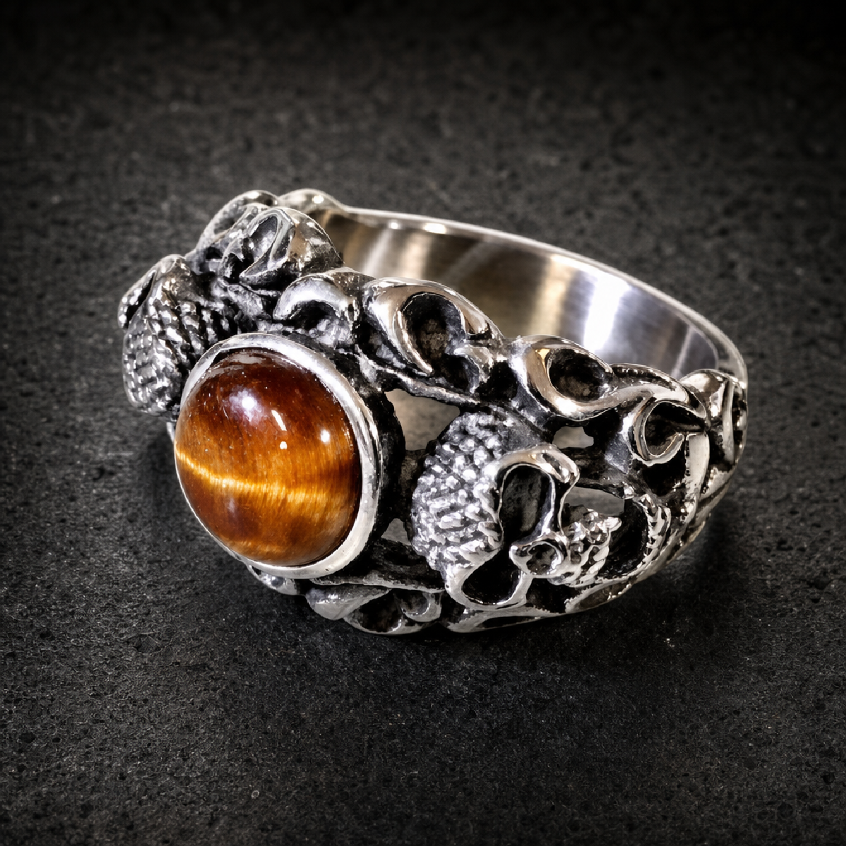 Tigers Eye Stainless Steel Skull Ring - 316L stainless steel unisex jewelry (R0821)