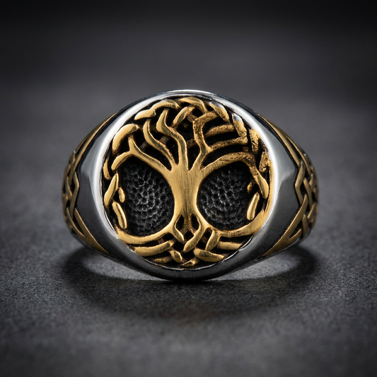 Eden Protocol Ring, 316L surgical stainless steel, featuring a detailed Tree of Life design with gold accents.