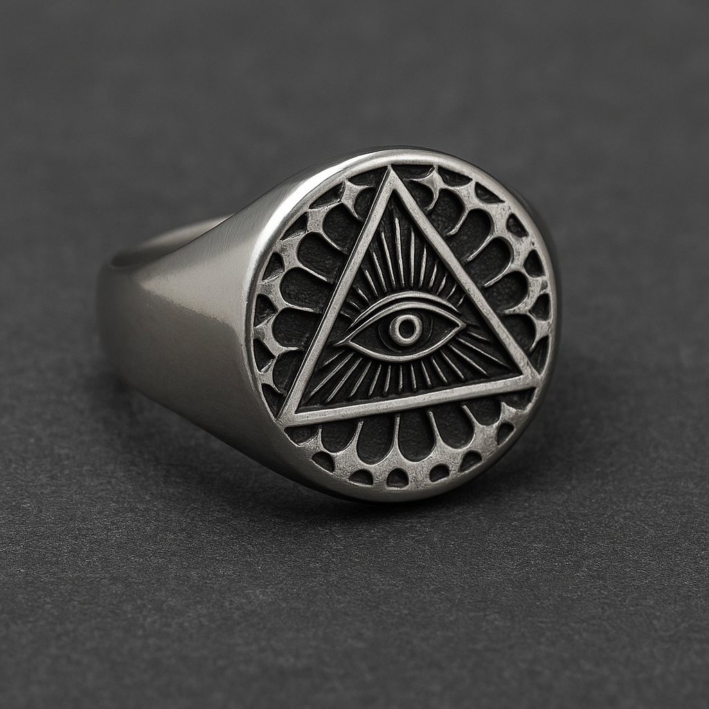 Triangular Eye Signet Ring in 316L stainless steel with pyramid and eye design
