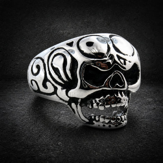 Tribal Skull Grin — Tribal Skull Ring - 316L stainless steel unisex jewelry, tribal skull stainless steel ring, polished 3…