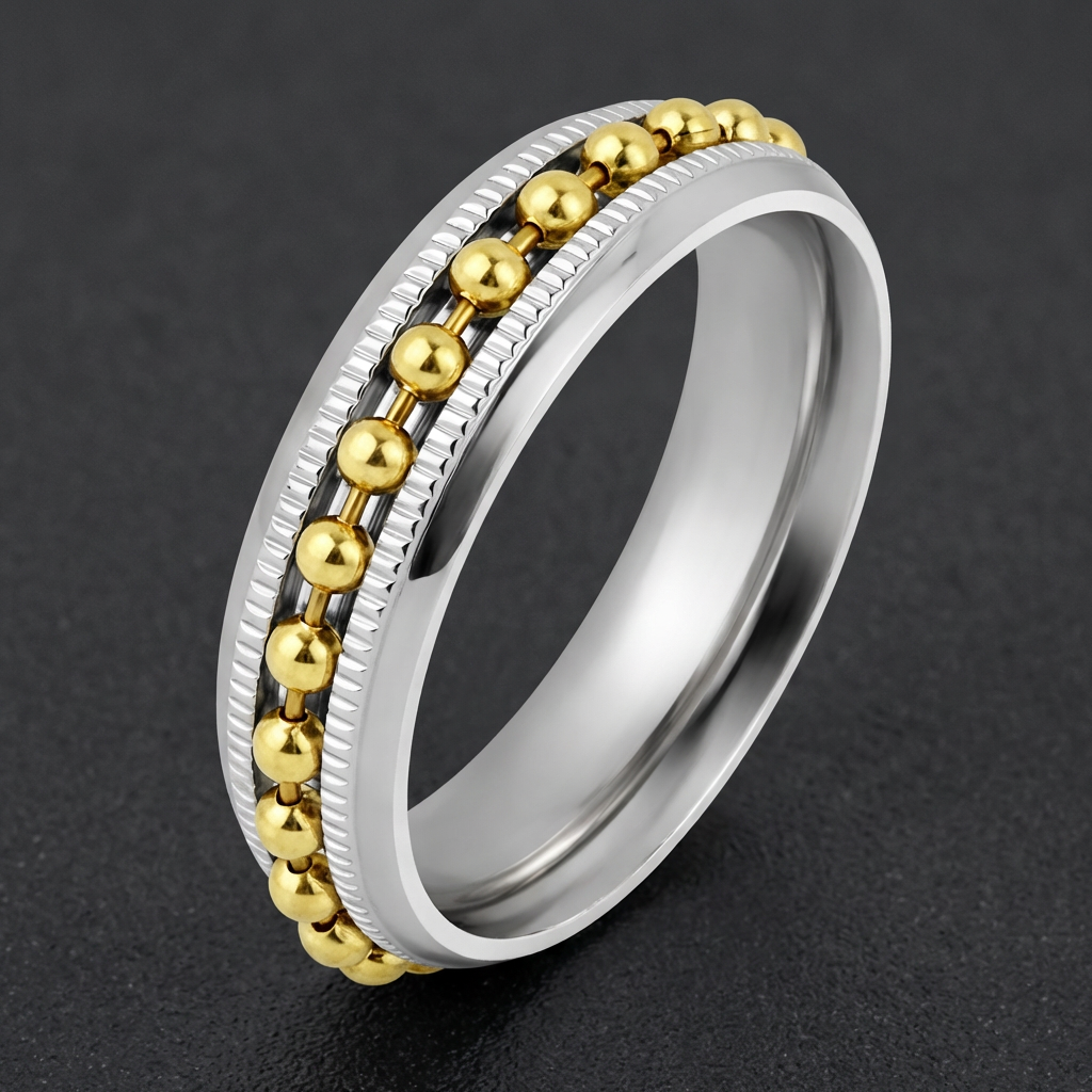 Kinetic Flow Gold Ring, 316L stainless steel with spinning gold beads on a polished and textured band