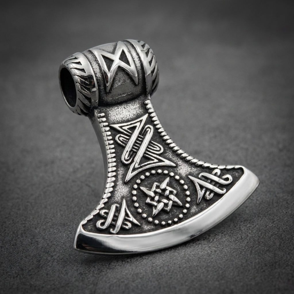 Heavy 316L stainless steel axe pendant with intricate Viking runes and symbols.