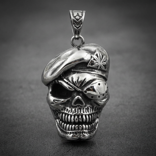 Heavy 316L stainless steel pendant featuring a commander skull wearing a beret and eye patch, detailed and dark.