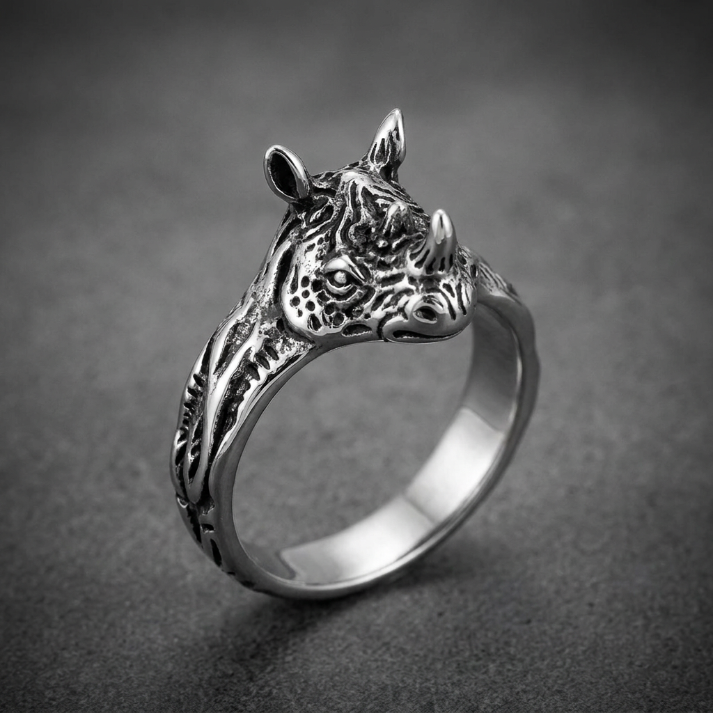 Heavy 316L stainless steel ring featuring a highly detailed, aggressive rhino head. The silver finish has darkened recesses for contrast.