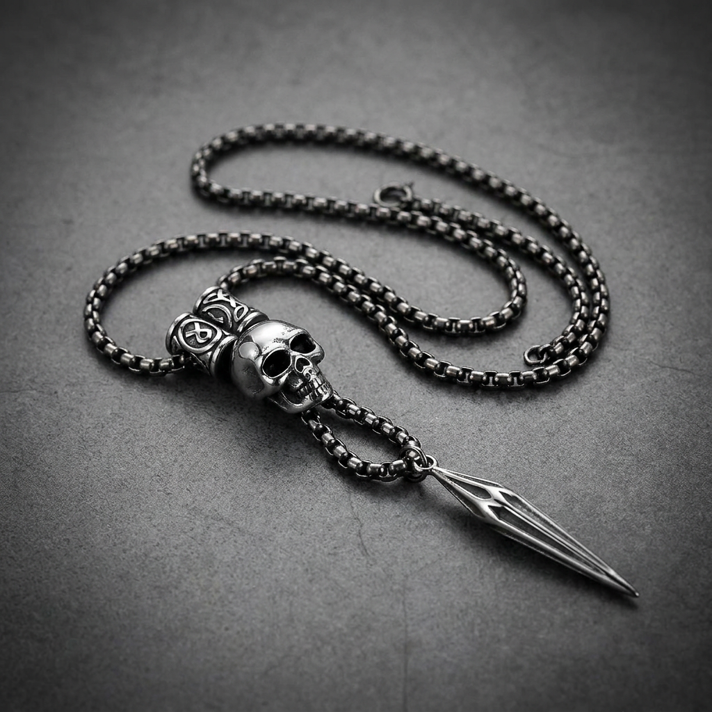 Vanguard Skull 34 inch Necklace in 316L surgical stainless steel, featuring a prominent skull head attached to a sharp, barbed dart pendant with a dark, antique chain.