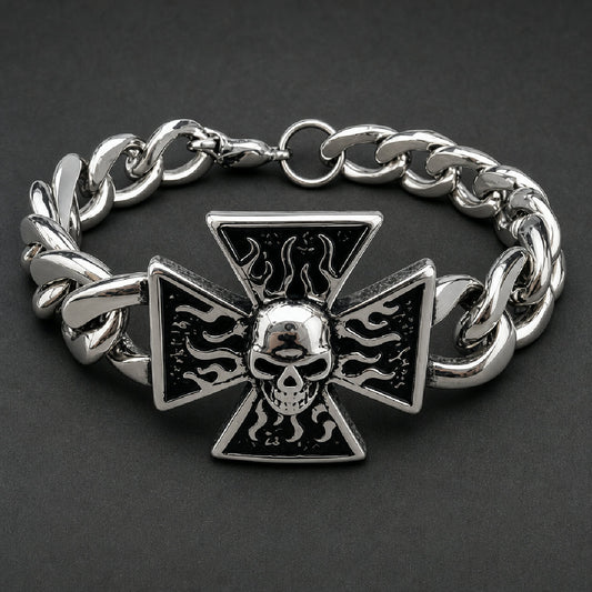 316L stainless steel Vanguard Skull Bracelet featuring a flared flame cross centerpiece and heavy curb chain links