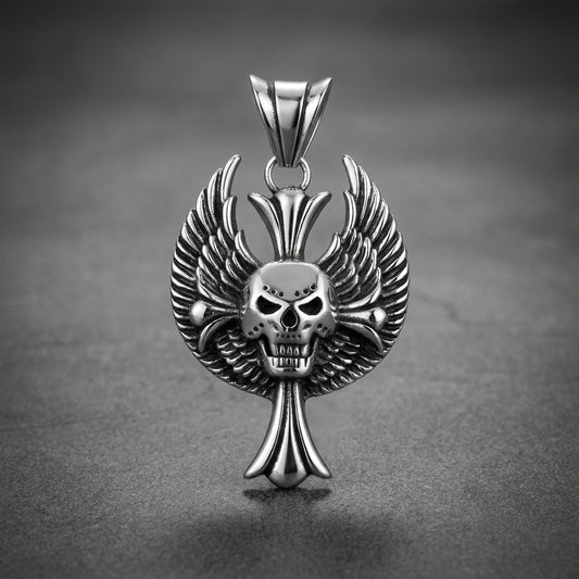 Heavy-duty 316L stainless steel winged skull pendant in polished silver finish, detailed feather texture.